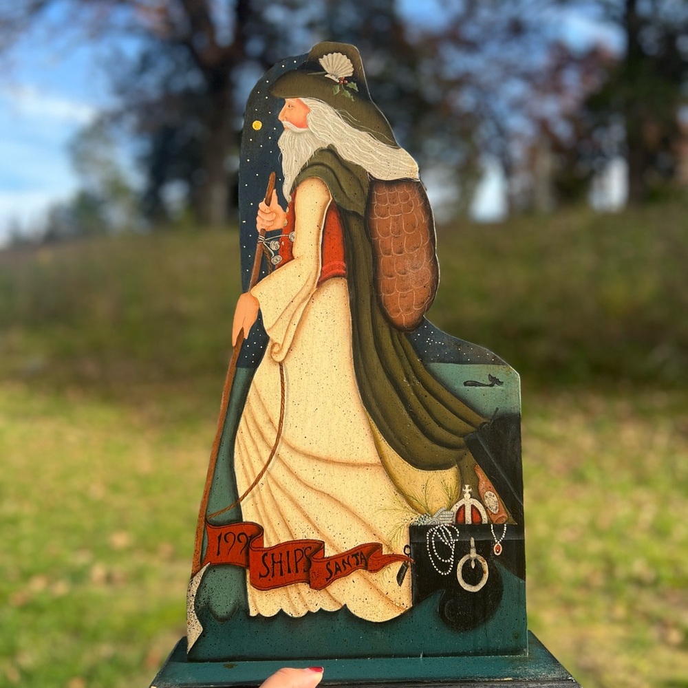 VTGSigned Hand-Carved and Painted Wood Stand (1991 Ships Santa) Beach Santa21x13
